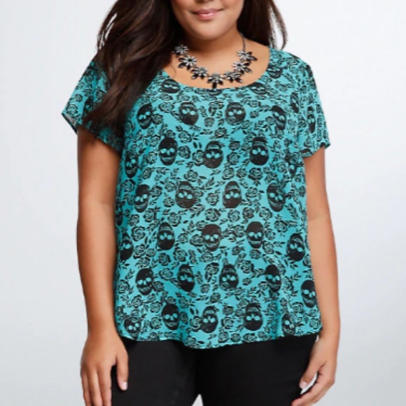 torrid Tops - Torrid Teal and Black Skull and Roses Chiffon Top